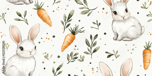 Happy Easter. Vector seamless patterns with rabbits, and carrot plants. Vector designs, seamless festival spring pattern