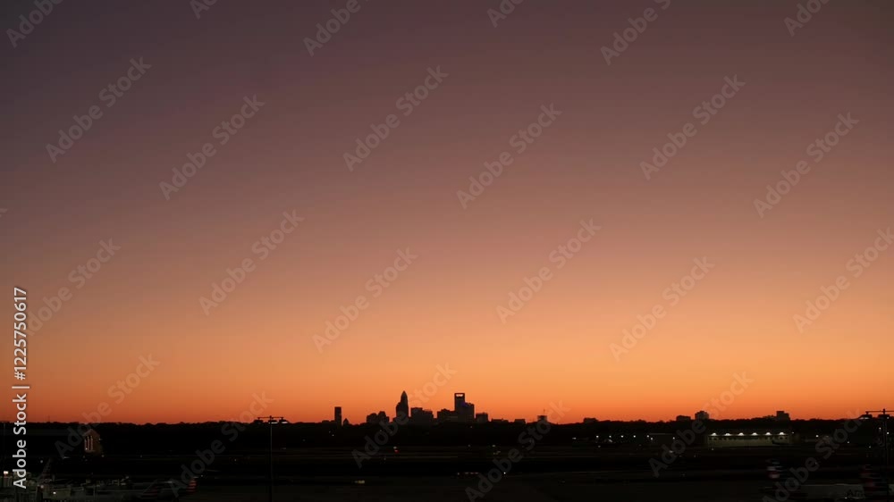Charlotte Skyline at Twilight Charlotte, North Carolina skyline silhouetted against warm twilight sky, with soft hues of orange and purple blending into horizon. cityscape and travel imagery Charlotte Skyline at Twilight Charlotte, North Carolina skyline silhouetted against warm twilight sky, with soft hues of orange and purple blending into horizon. cityscape and travel imagery