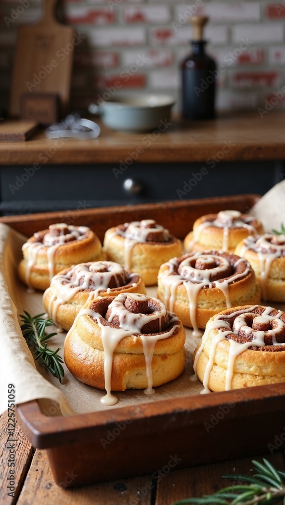 Naklejka premium A batch of keto cinnamon rolls with a sugar-free cream cheese glaze, arranged on a baking tray with a cozy kitchen setting