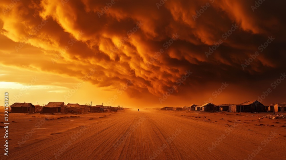 A solitary figure stands on a dusty road leading into an ominous storm cloud formation over a desolate landscape dotted with small structures A solitary figure stands on a dusty road leading into an ominous storm cloud formation over a desolate landscape dotted with small structures
