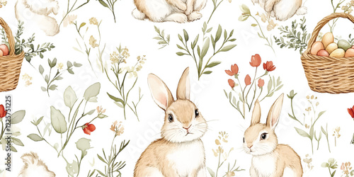 Photos Seamless vector pattern with cute rabbits with Basket floral background