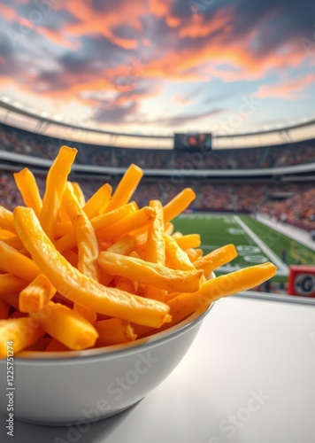 Stadium ambiance, bowl of golden french fries, sunset sky, dramatic clouds, sports arena, spectator seats, field in background, close-up food photography, vibrant colors, depth of field, contrast betw photo