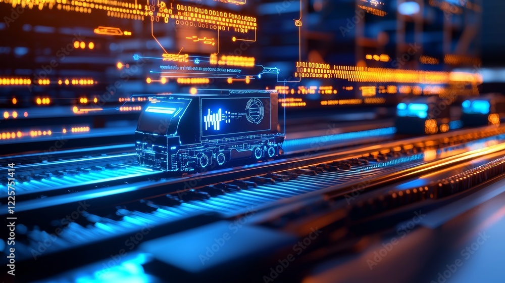 Naklejka premium Futuristic Digital Delivery Truck on Glowing Track with Vibrant Blue and Orange Lights