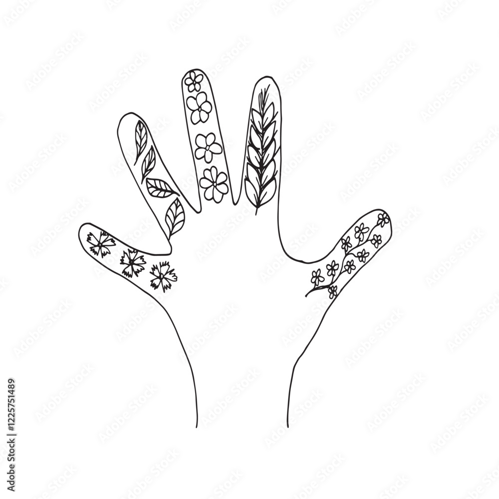 Hand contour with plant elements Concept is zero waste Black white graphics vector illustration composition drawing by hand The basis for textual and advertising postcards Hand contour with plant elements Concept is zero waste Black white graphics vector illustration composition drawing by hand The basis for textual and advertising postcards