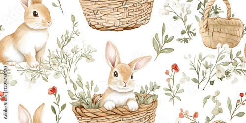 Seamless vector pattern with cute rabbits with Basket floral background. Perfect for textile, wallpaper or print design. Happy Easter. Vector seamless pattern