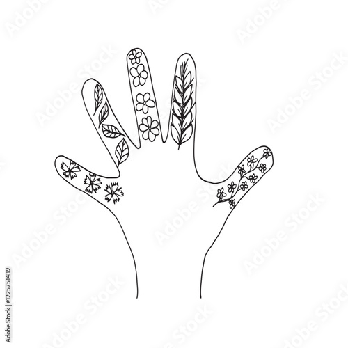 Hand contour with plant elements Concept is zero waste Black white graphics vector illustration composition drawing by hand The basis for textual and advertising postcards