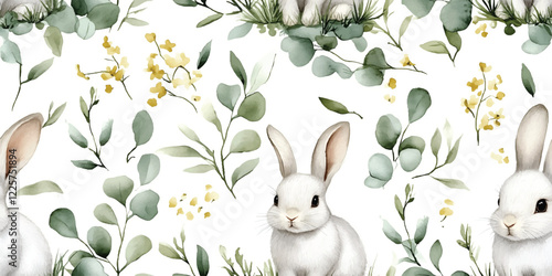 Happy Easter. Vector seamless patterns with rabbits, and plants. Vector designs, seamless festival spring pattern