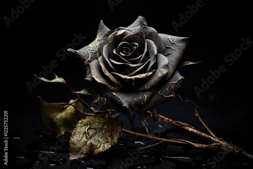 Funeral Mourning: Dead Rose on Black Background with Gothic Dry Flower and Leaves