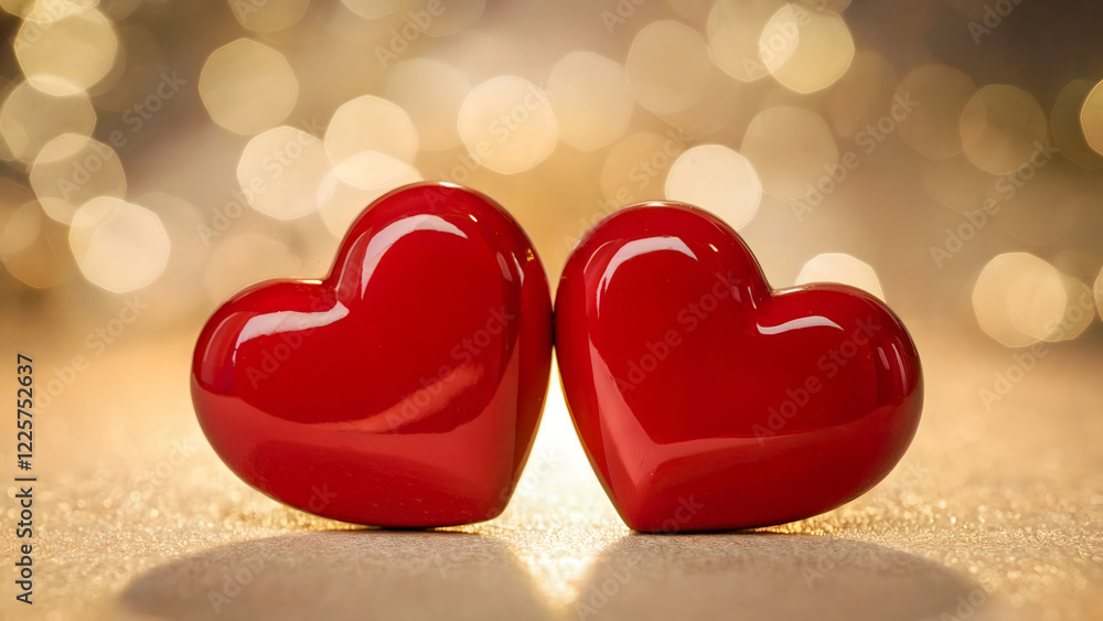 Fototapeta premium Two Glossy Red Hearts Together on a Glittery Surface with a Golden Bokeh Background