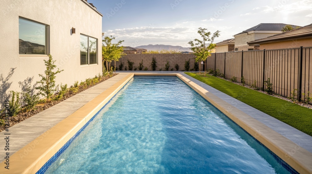 Fototapeta premium A rectangular new swimming pool with tan concrete edges in the fenced backyard of a new construction house