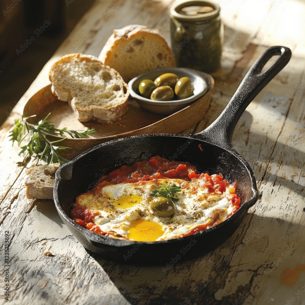 Rustic breakfast display featuring savory eggs, fresh bread, and olives on a wooden table during morning hours Rustic breakfast display featuring savory eggs, fresh bread, and olives on a wooden table during morning hours