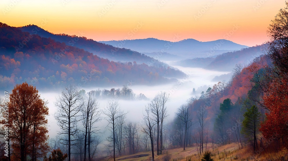 Fototapeta premium A serene misty valley landscape with colorful autumn foliage during sunset