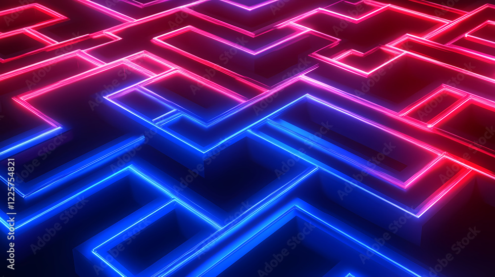 Neon path of interlocking diamonds glowing in red and blue futuristic and intricate design with metallic textures, illustrator. Diamond Path. Illustration Neon path of interlocking diamonds glowing in red and blue futuristic and intricate design with metallic textures, illustrator. Diamond Path. Illustration
