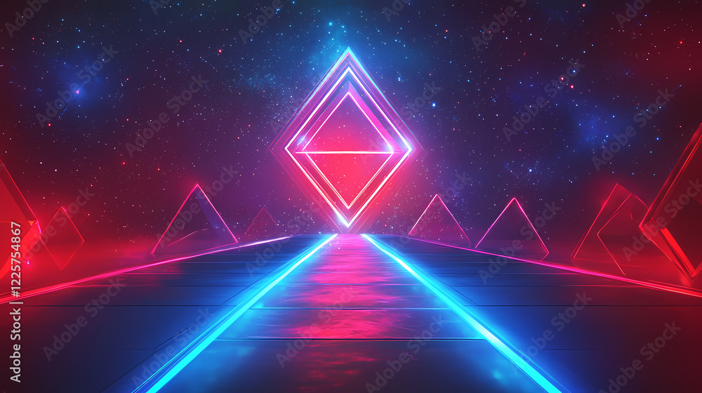 Neon path of interlocking diamonds glowing in red and blue futuristic and intricate design with metallic textures, illustrator. Diamond Path. Illustration Neon path of interlocking diamonds glowing in red and blue futuristic and intricate design with metallic textures, illustrator. Diamond Path. Illustration
