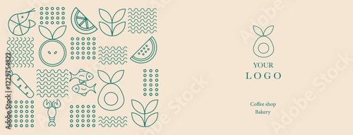  Hand drawn illustration. Organic fruit, vegetable, fish, seafood, coffee and bakery geometric pattern. Abstract geometric line background. Gold luxury  Healthy Food pattern. Web banner.