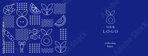  Hand drawn illustration. Organic fruit, vegetable, fish, seafood, coffee and bakery geometric pattern. Abstract geometric line background. Gold luxury  Healthy Food pattern. Web banner.