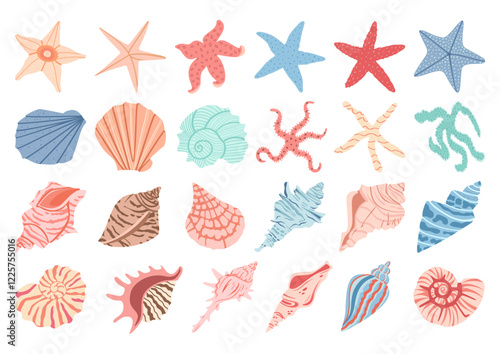 Sea shell vector set. Ocean exotic underwater seashell conch aquatic mollusk, sea spiral snail collection. Tropical beach shells. Modern flat style isolated on white background.