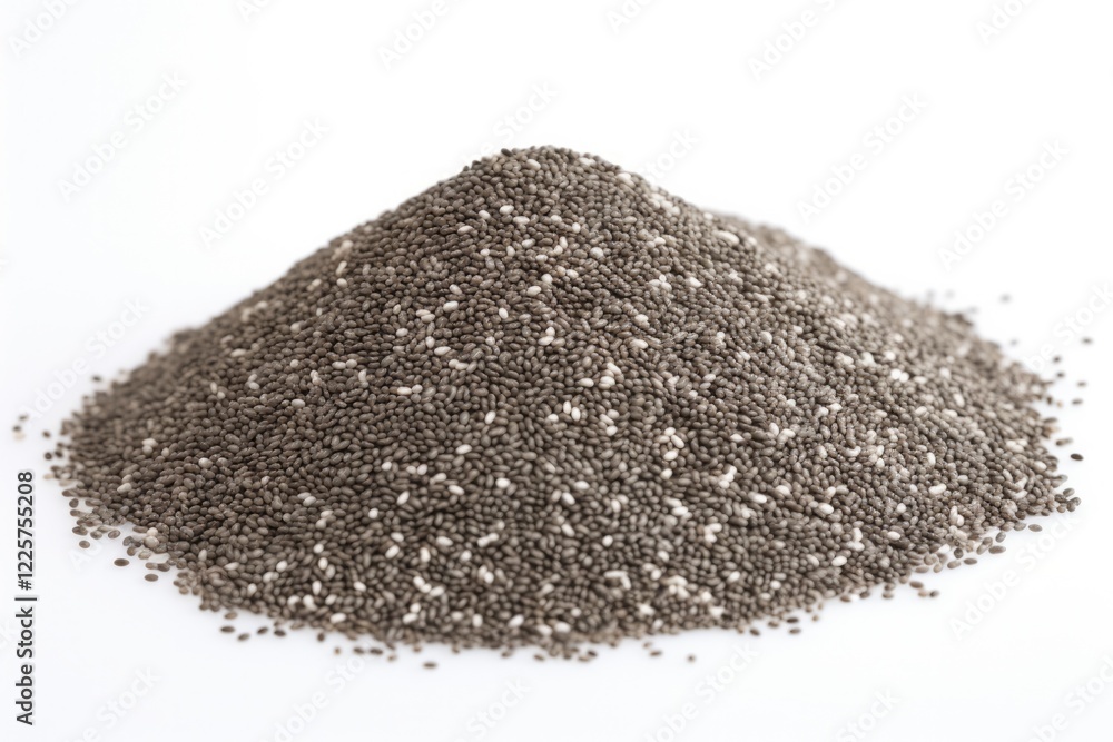 Heap of Healthy Chia Seeds - Pile on Isolated White Background with Copy Space for Food Concepts Heap of Healthy Chia Seeds - Pile on Isolated White Background with Copy Space for Food Concepts