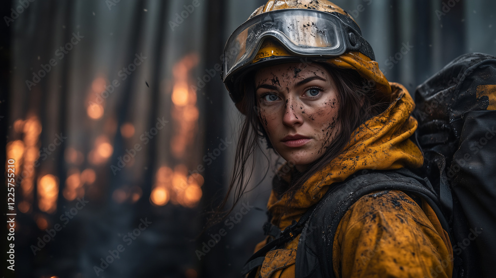 Fototapeta premium Female Wildland Firefighter Battling a Forest Blaze