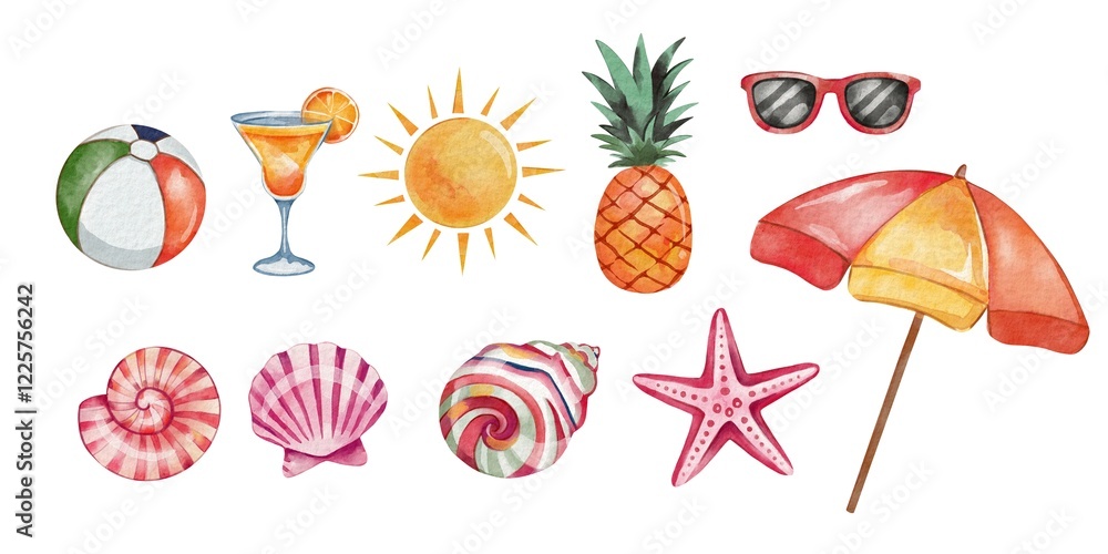 Watercolor summer vacation set with shells and leisure objects Watercolor summer vacation set with shells and leisure objects