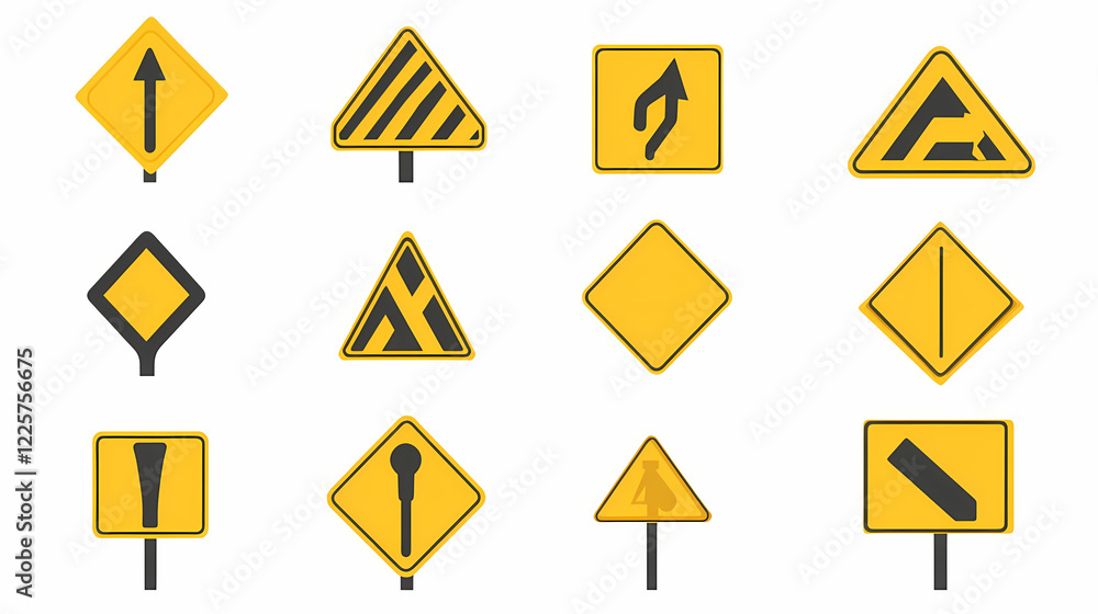 Yellow traffic signs in various shapes, including diamonds and rectangles, for road safety themes imagine minimalist vector art,. Diamond Path. Illustration Yellow traffic signs in various shapes, including diamonds and rectangles, for road safety themes imagine minimalist vector art,. Diamond Path. Illustration