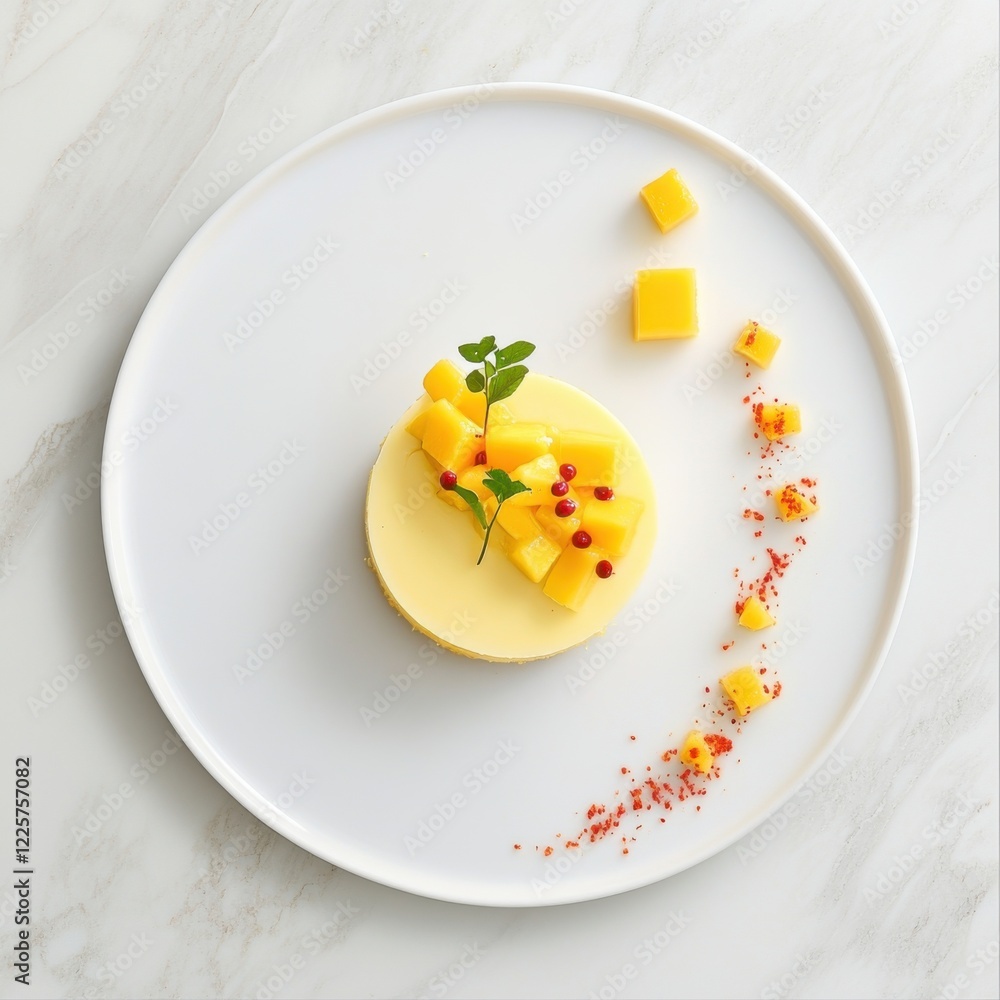 Mango and chili dessert artfully arranged on a white plate showcasing vibrant colors and textures Mango and chili dessert artfully arranged on a white plate showcasing vibrant colors and textures
