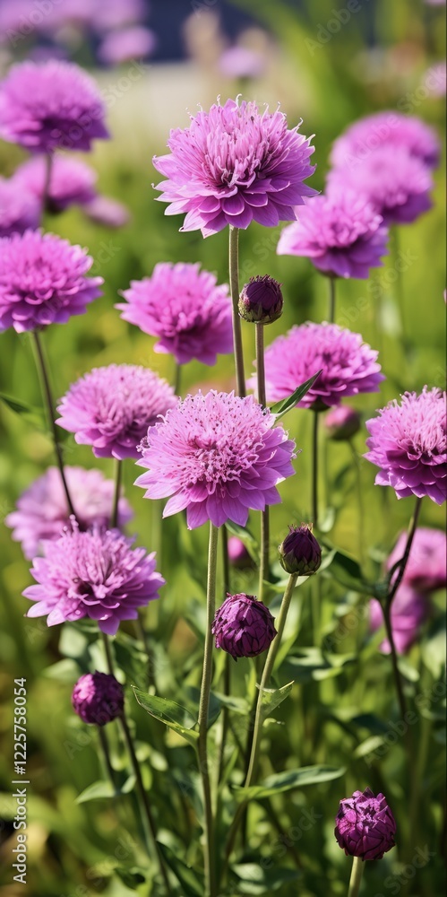 Knautia Arvensis in Spring Garden. Macro Shot of Beautiful Purple Flower in Natural Green Background Knautia Arvensis in Spring Garden. Macro Shot of Beautiful Purple Flower in Natural Green Background