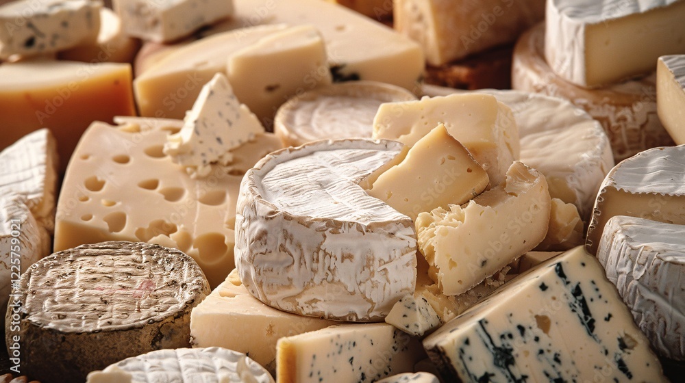 Fototapeta premium Assortment of tasty cheeses creating a cheese backdrop