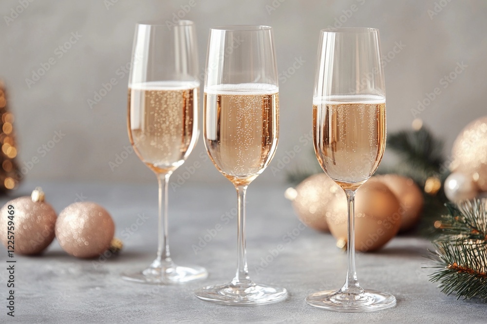 Celebration drinks with sparkling wine and holiday ornaments arranged on a festive table setting. Generative AI Celebration drinks with sparkling wine and holiday ornaments arranged on a festive table setting. Generative AI