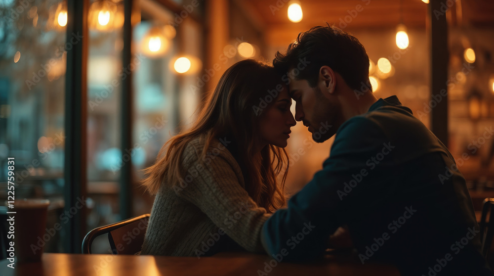 Couple enjoying a romantic evening in a cozy cafe Couple enjoying a romantic evening in a cozy cafe