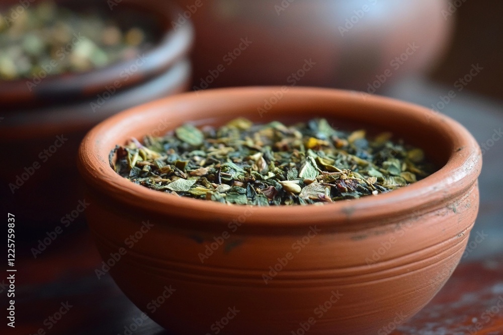 Herbal tea blend in a clay bowl showcased in a cozy setting with natural light filtered through a window. Generative AI Herbal tea blend in a clay bowl showcased in a cozy setting with natural light filtered through a window. Generative AI