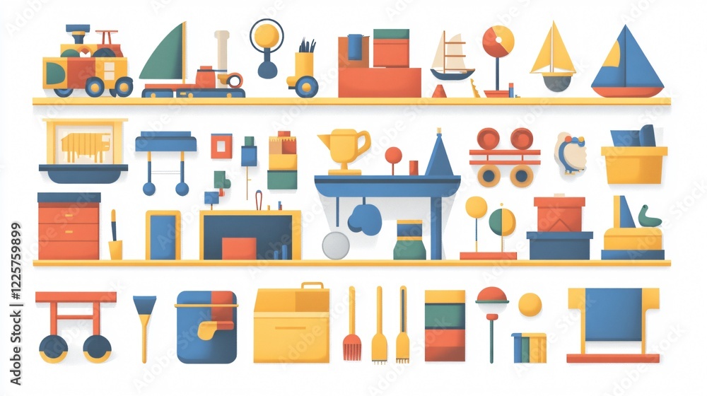 Colorful Playroom Setup with Toys, Shelf, Chair, Boards, Carpet, and Boxes for Children's Creative Activities Colorful Playroom Setup with Toys, Shelf, Chair, Boards, Carpet, and Boxes for Children's Creative Activities