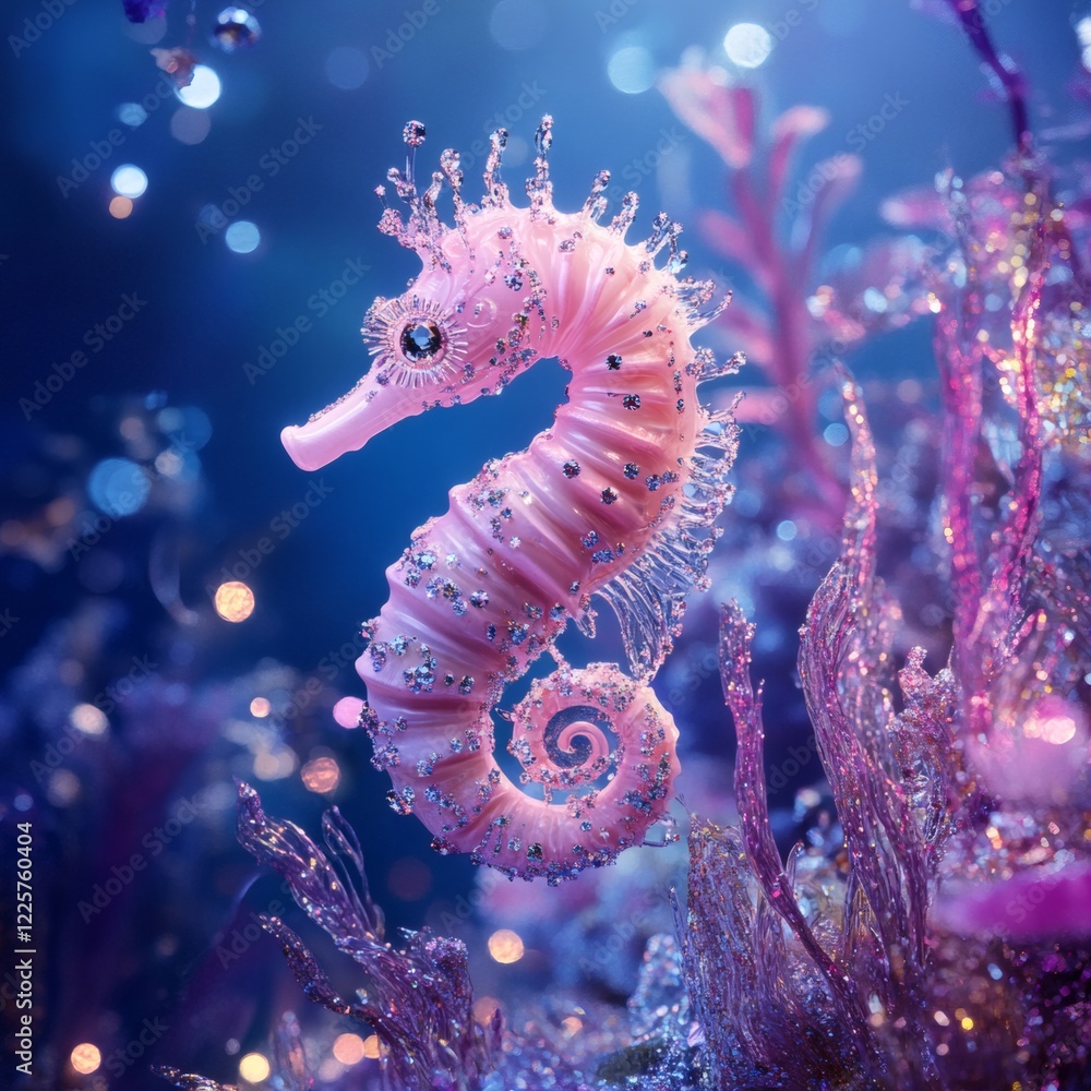 Delicate pink seahorse gracefully swims through vibrant coral reef under sparkling ocean lights Delicate pink seahorse gracefully swims through vibrant coral reef under sparkling ocean lights