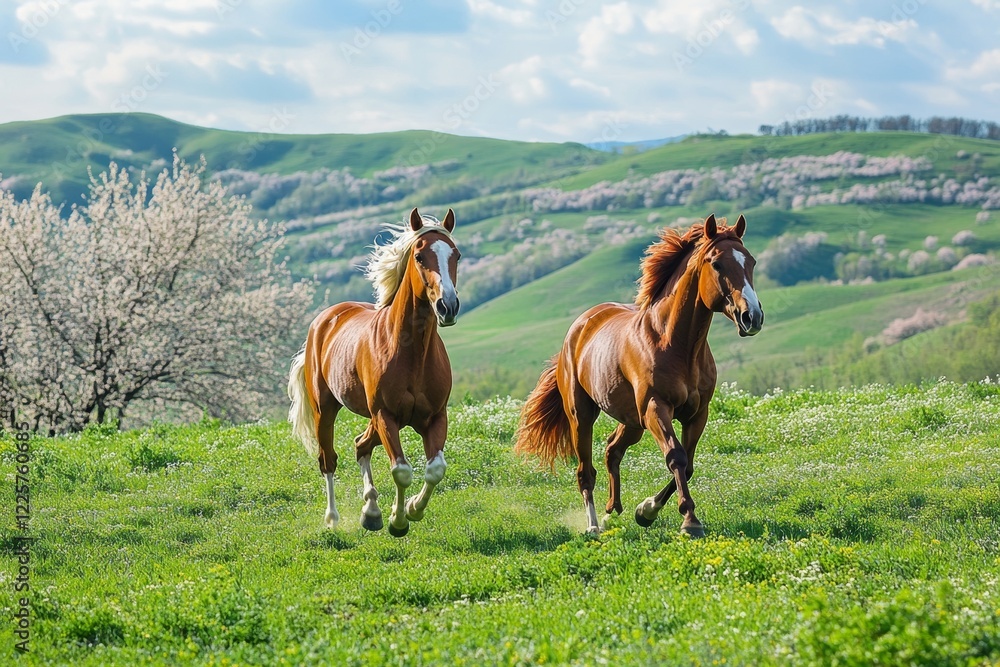 Fototapeta premium Two horses gallop joyfully across a lush green pasture, surrounded by vibrant blooming hills under a clear blue sky, showcasing the beauty of nature in full bloom
