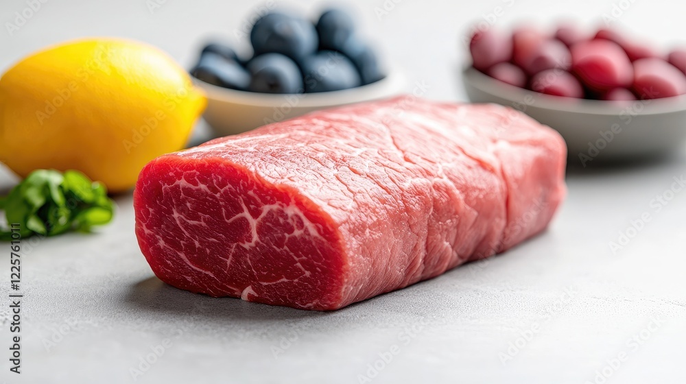 Raw beef tenderloin with lemon, blueberries, and grapes. Food photography for recipe blogs Raw beef tenderloin with lemon, blueberries, and grapes. Food photography for recipe blogs