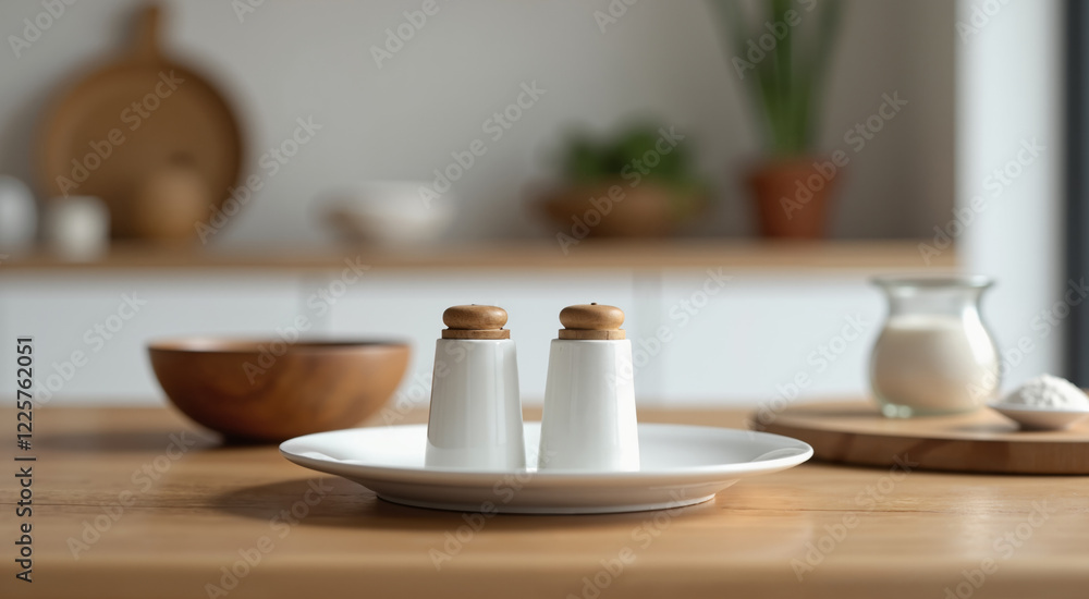 Salt and pepper shakers on a plate in a modern kitchen. Minimalist kitchen interior design with natural elements. Salt and pepper shakers on a plate in a modern kitchen. Minimalist kitchen interior design with natural elements.