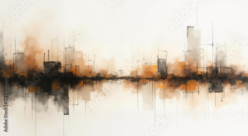Panel kuchenny z motywem Abstract cityscape reflected in water. Modern art painting of a city skyline in muted tones.