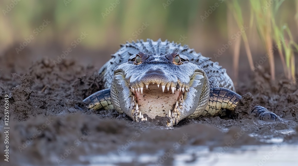 Obraz premium Saltwater crocodile in the mud mouth open close up photo