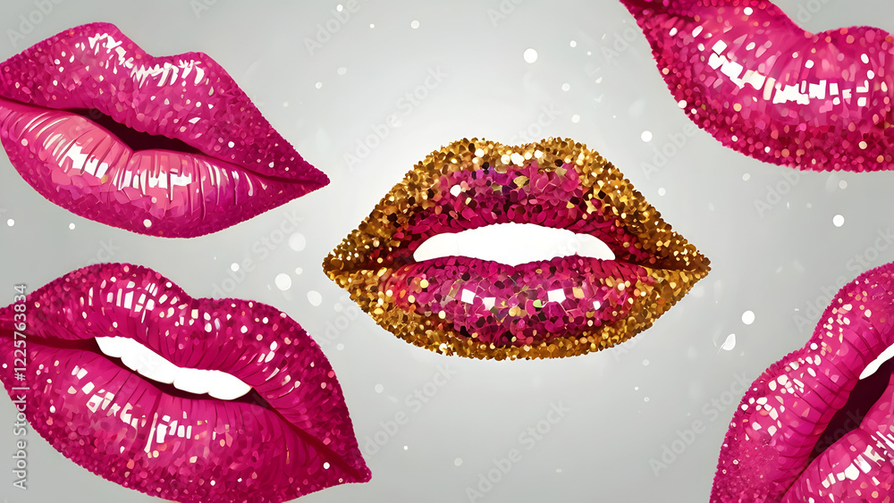Vibrant glittery pink lips, element set on transparent background, high resolution Vibrant glittery pink lips, element set on transparent background, high resolution