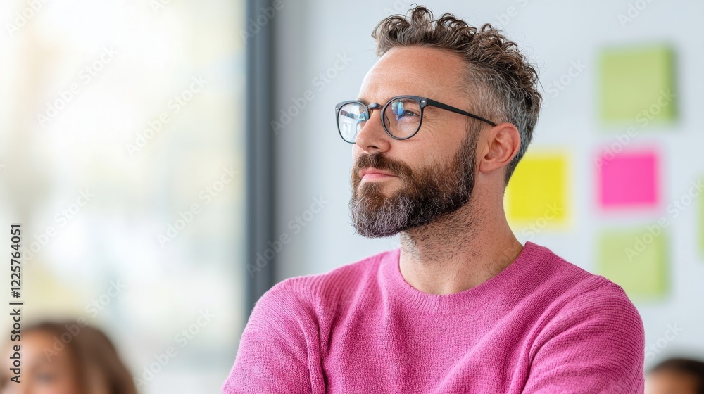 A thoughtful man with a beard and glasses wearing a pink sweater, looks off to the side in a brightly lit room with colorful sticky notes on the wall in the background. A thoughtful man with a beard and glasses wearing a pink sweater, looks off to the side in a brightly lit room with colorful sticky notes on the wall in the background.