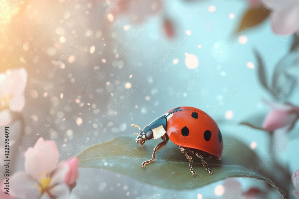 Fototapeta premium A tiny ladybug explores a lush green leaf while beautiful spring flowers bloom in the background, showcasing nature's colors in stunning detail during the spring season. With copy space for text