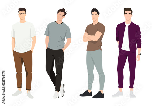 Five male figures in casual and sporty attire, each in a unique pose, showcasing modern fashion.