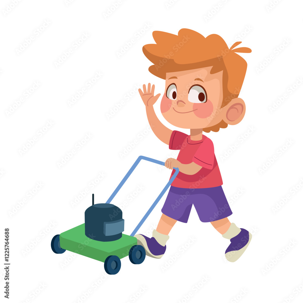 Boy Running While Mowing Lawn Boy Running While Mowing Lawn