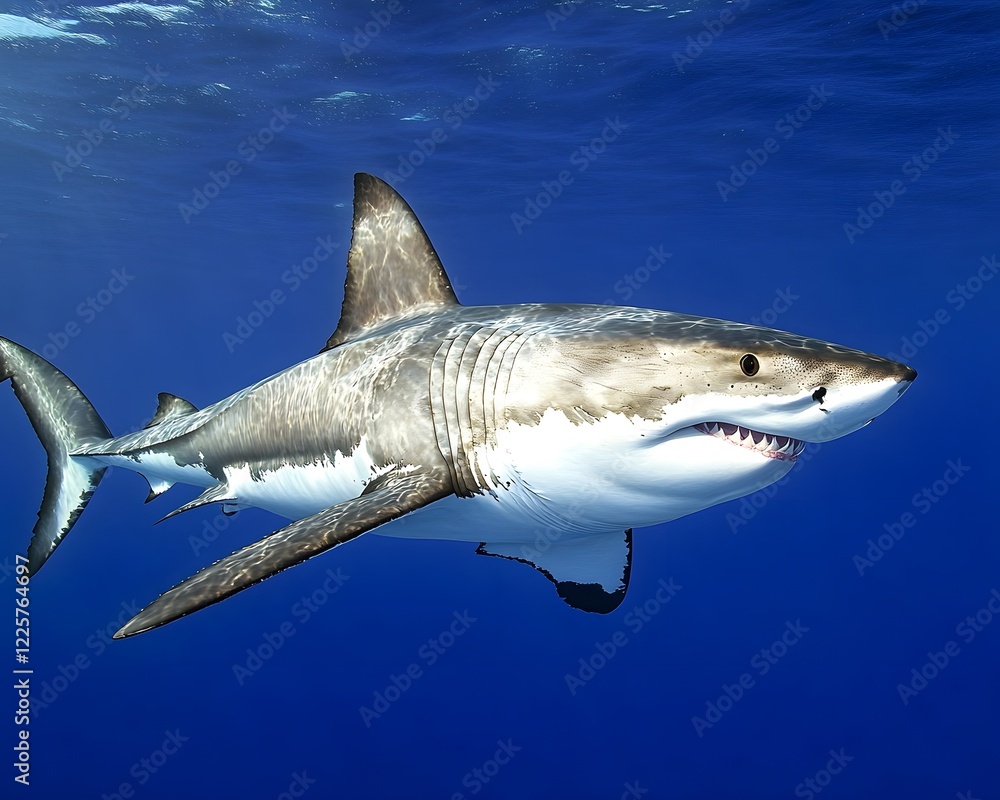 Naklejka premium Majestic Great White Shark Underwater Scene