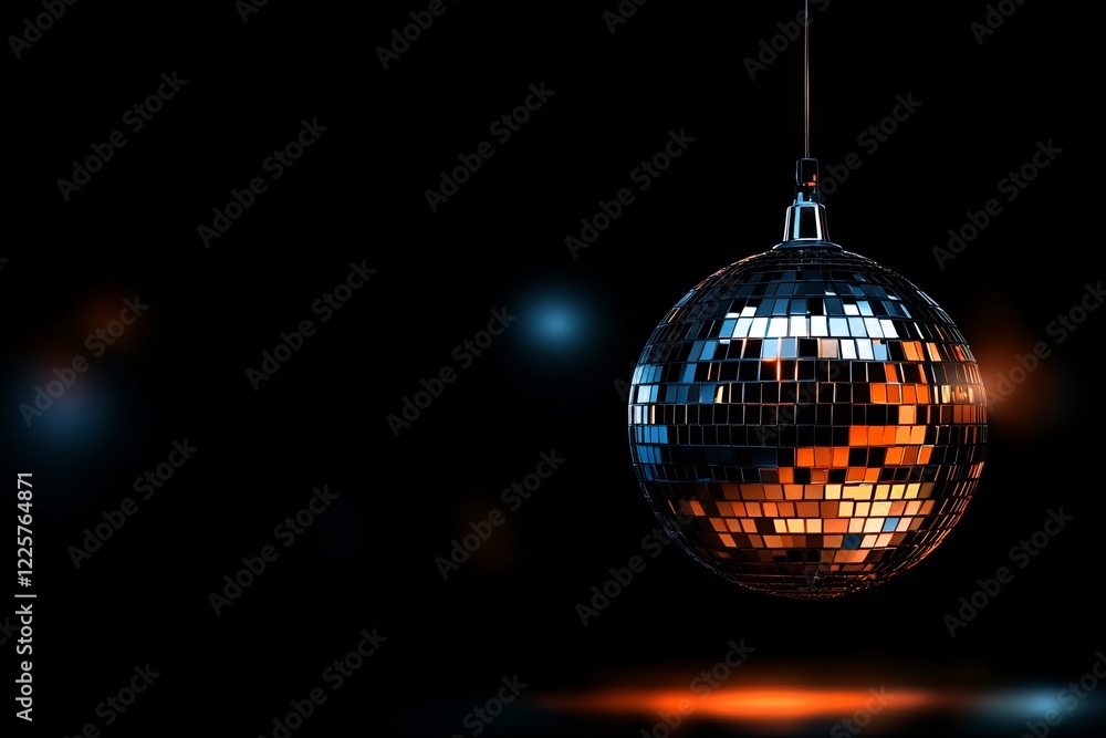 Obraz premium Disco Ball Hanging Dark Background Nightclub Party Festive Elegant Mirror Ball 70s 80s fun gold blue