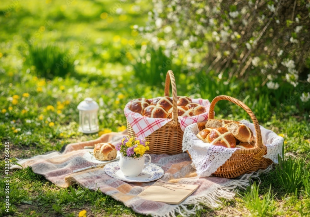 Spring picnic setup with baskets of bread on a plaid blanket in a sunny garden Spring picnic setup with baskets of bread on a plaid blanket in a sunny garden
