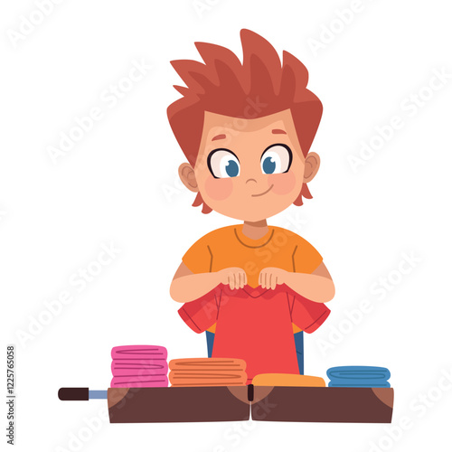 Red Haired Boy Packing Clothes in Suitcase