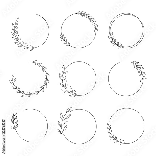 Set of nine small decorative wreaths with foliage branches in a minimalist black and white style.
