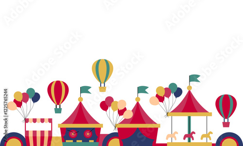 Circus. Amusement park at night. Carnival circus tent, carousel and candy cotton booth. Festive fair entertainment attractions. Cartoon vector illustration