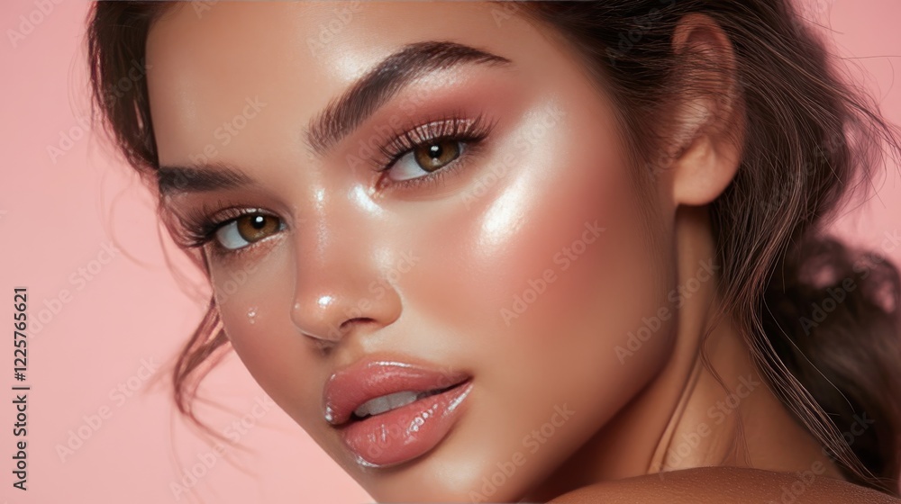Stunning Latina woman with radiant skin and soft makeup gently touches her cheek in this close-up portrait against a pink background. Perfect for skincare ads, beauty photography, and wellness-themed Stunning Latina woman with radiant skin and soft makeup gently touches her cheek in this close-up portrait against a pink background. Perfect for skincare ads, beauty photography, and wellness-themed